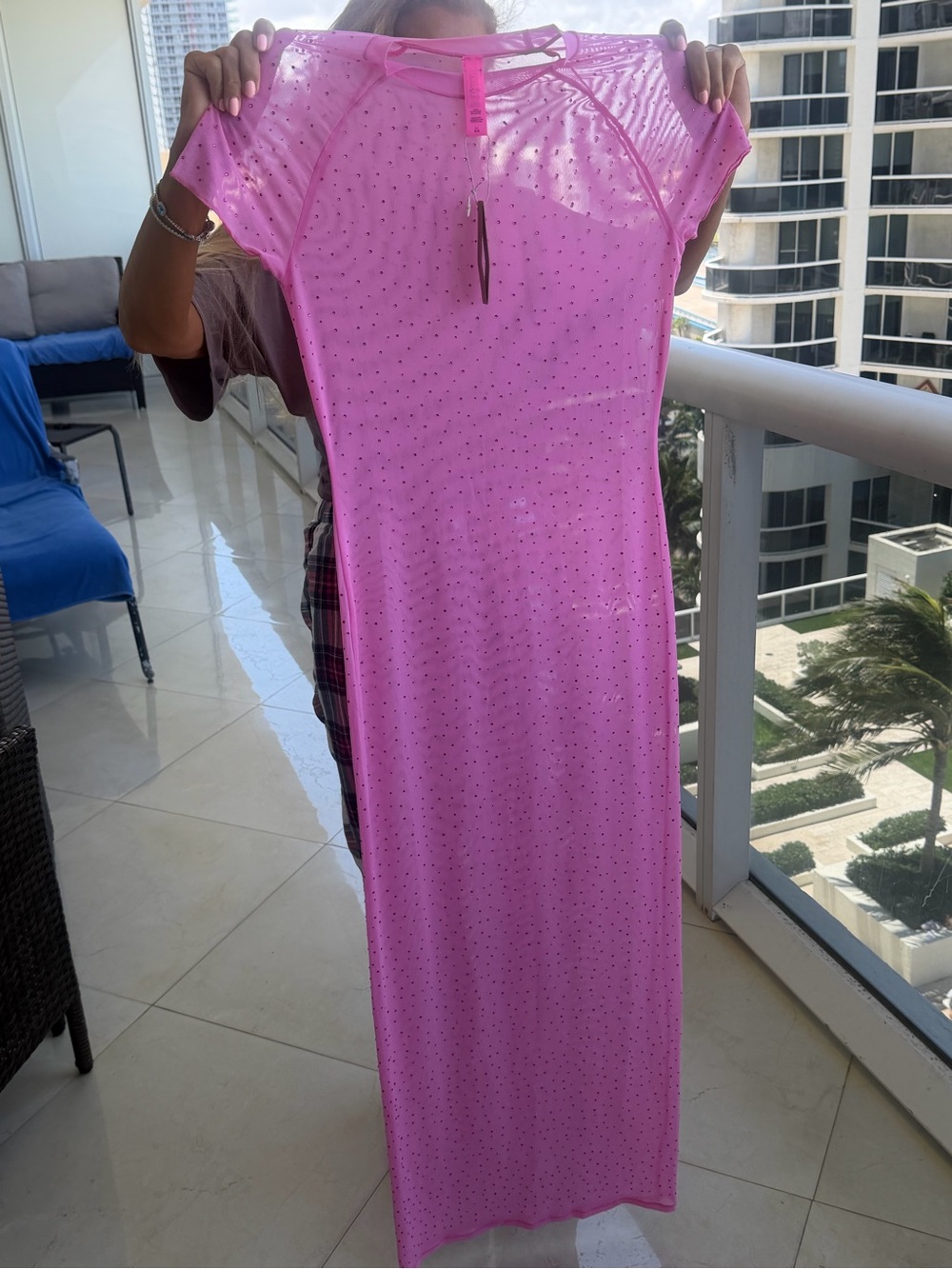 SKIMS Hot Pink Sheer Rhinestone Mesh Top